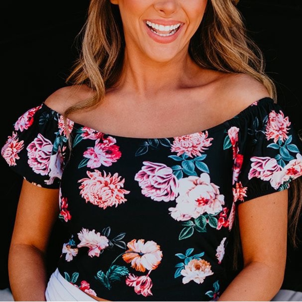 Pink and Black Cap Sleeve Swim Top with Black Bottoms